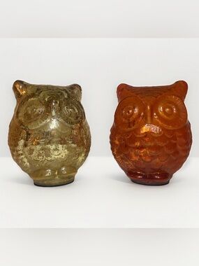 Set 2 Mercury Glass Owl Figurines Gold Amber Fall Boho Farmhouse Home Decor